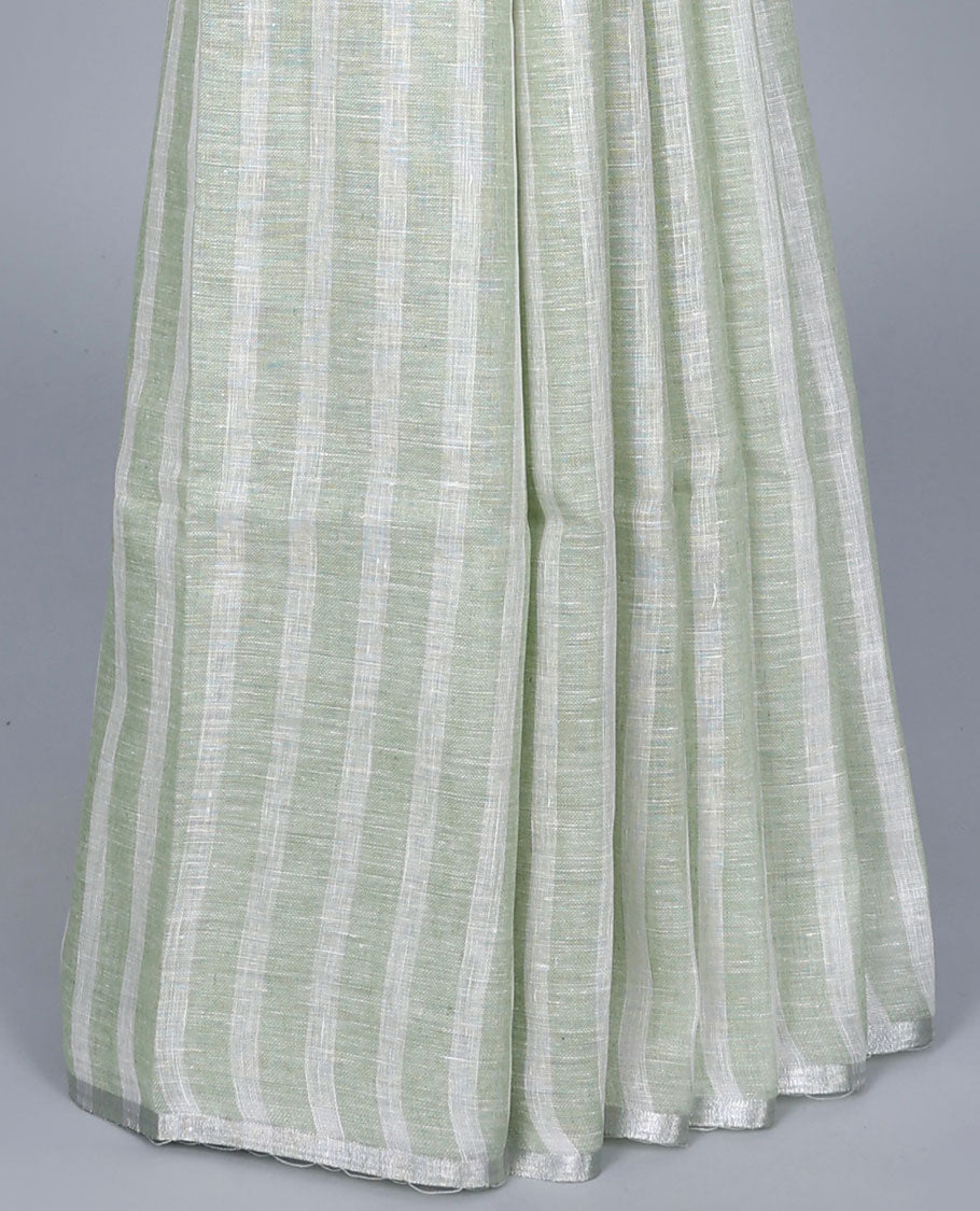 Borderless green & off-white striped linen saree, self-pallu of stripes with tassels
