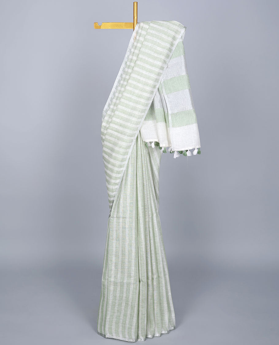 Borderless green & off-white striped linen saree, self-pallu of stripes with tassels