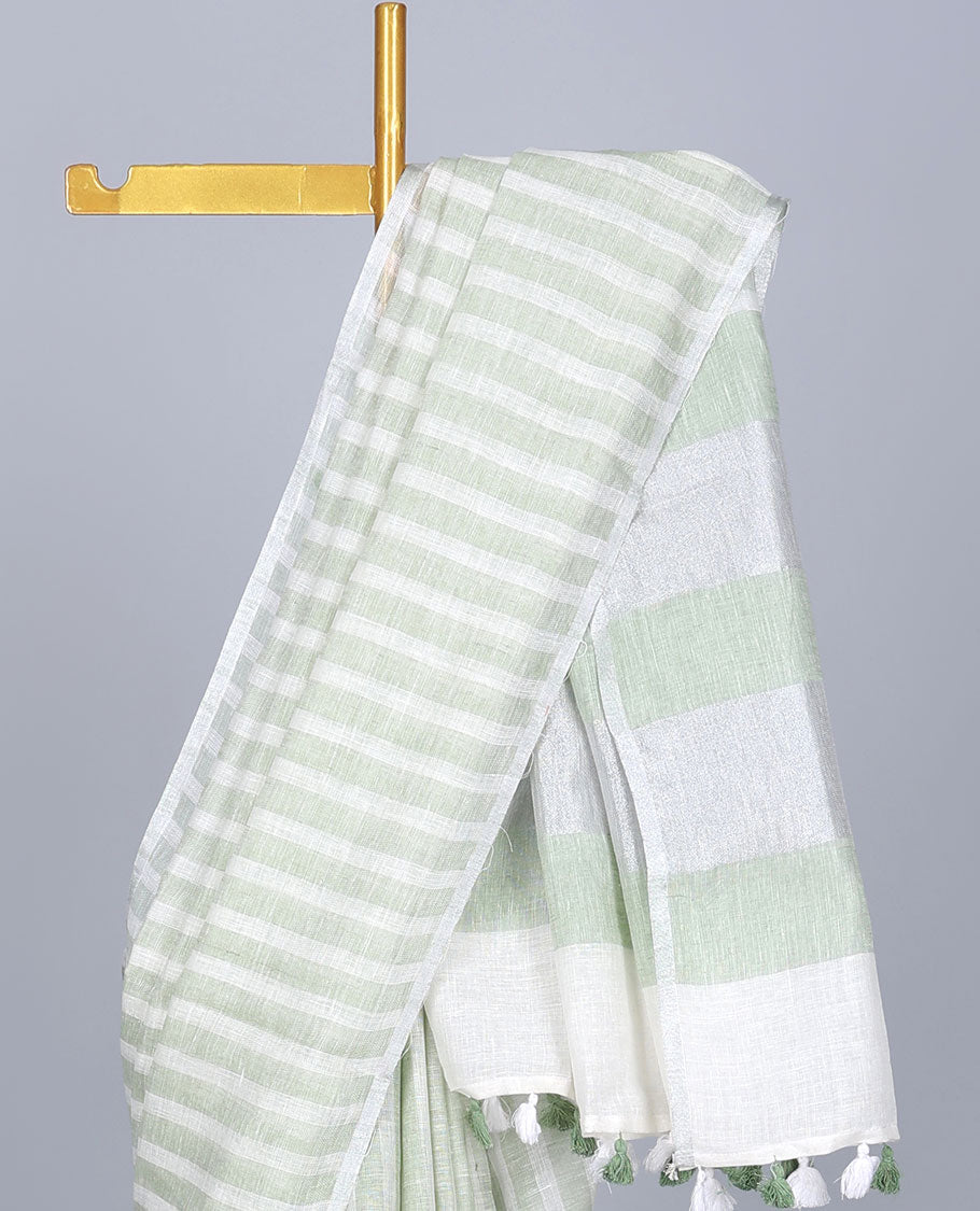 Borderless green & off-white striped linen saree, self-pallu of stripes with tassels