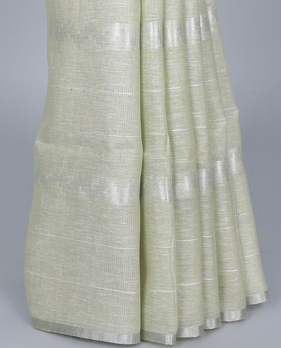 Green striped linen saree with sequin stripes, thin border & pallu of sequin stripes