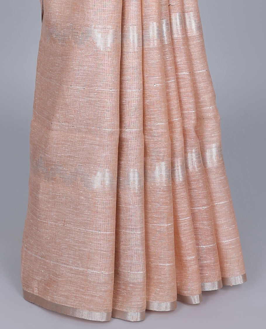 Peach temple design linen saree with sequin stripes, thin border & pallu of sequin stripes Peach temple design linen saree with sequin stripes, thin border & pallu of sequin stripes