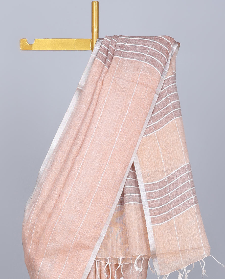 Peach temple design linen saree with sequin stripes, thin border & pallu of sequin stripes Peach temple design linen saree with sequin stripes, thin border & pallu of sequin stripes