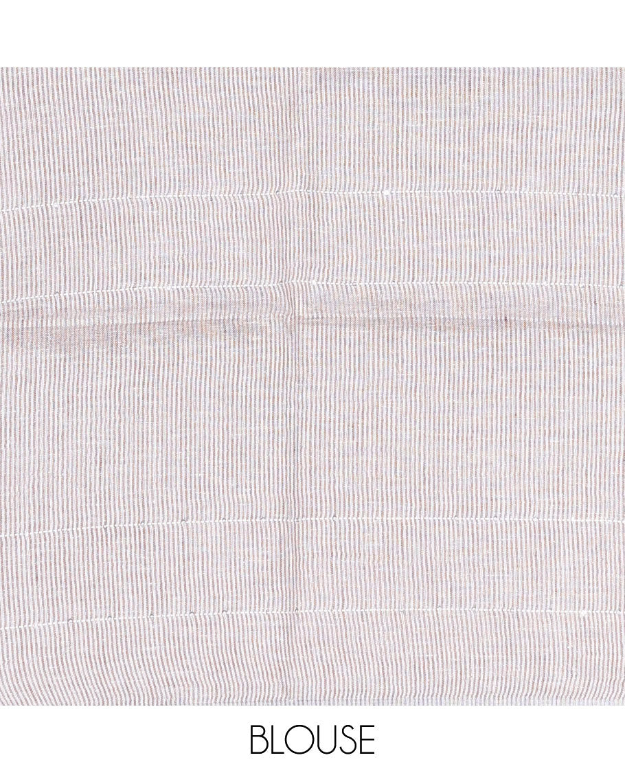 Peach temple design linen saree with sequin stripes, thin border & pallu of sequin stripes Peach temple design linen saree with sequin stripes, thin border & pallu of sequin stripes
