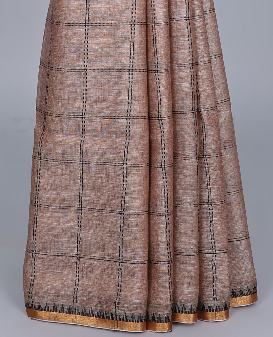 Brown thread-checked design linen saree, temple border & pallu of thread stripes