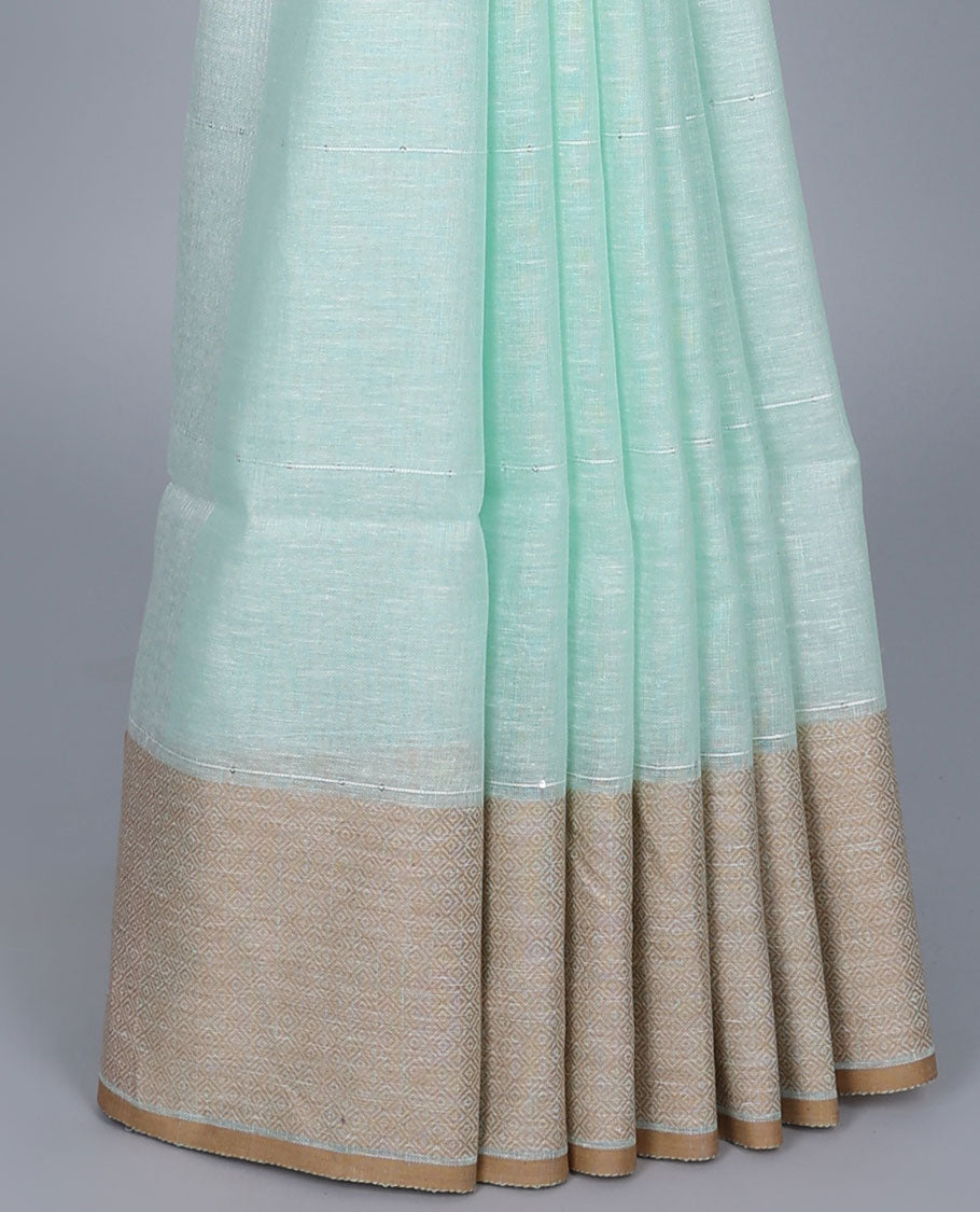 Blue sequins striped linen saree, contrast jaal patterned border & pallu of sequins stripes