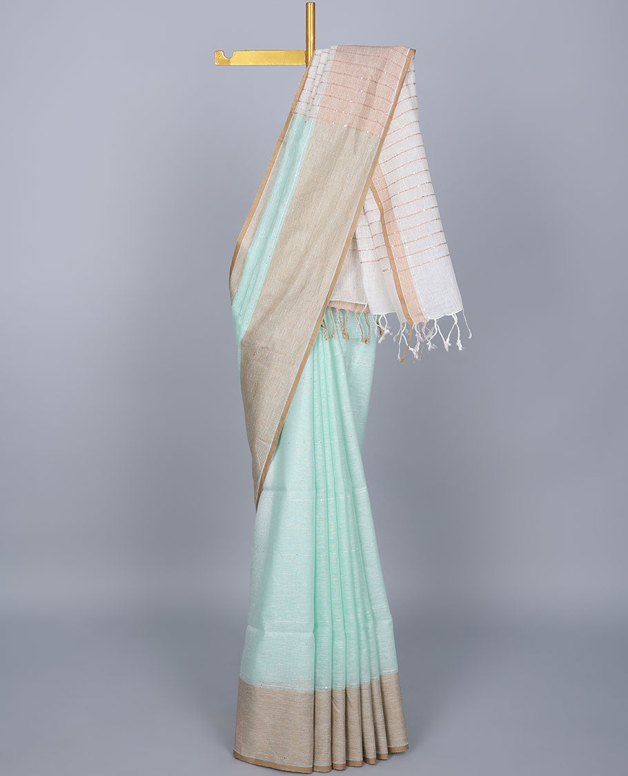 Blue sequins striped linen saree, contrast jaal patterned border & pallu of sequins stripes