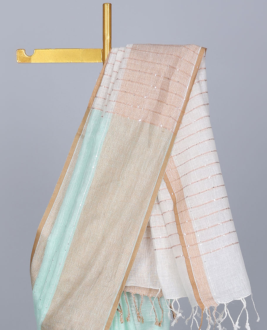 Blue sequins striped linen saree, contrast jaal patterned border & pallu of sequins stripes