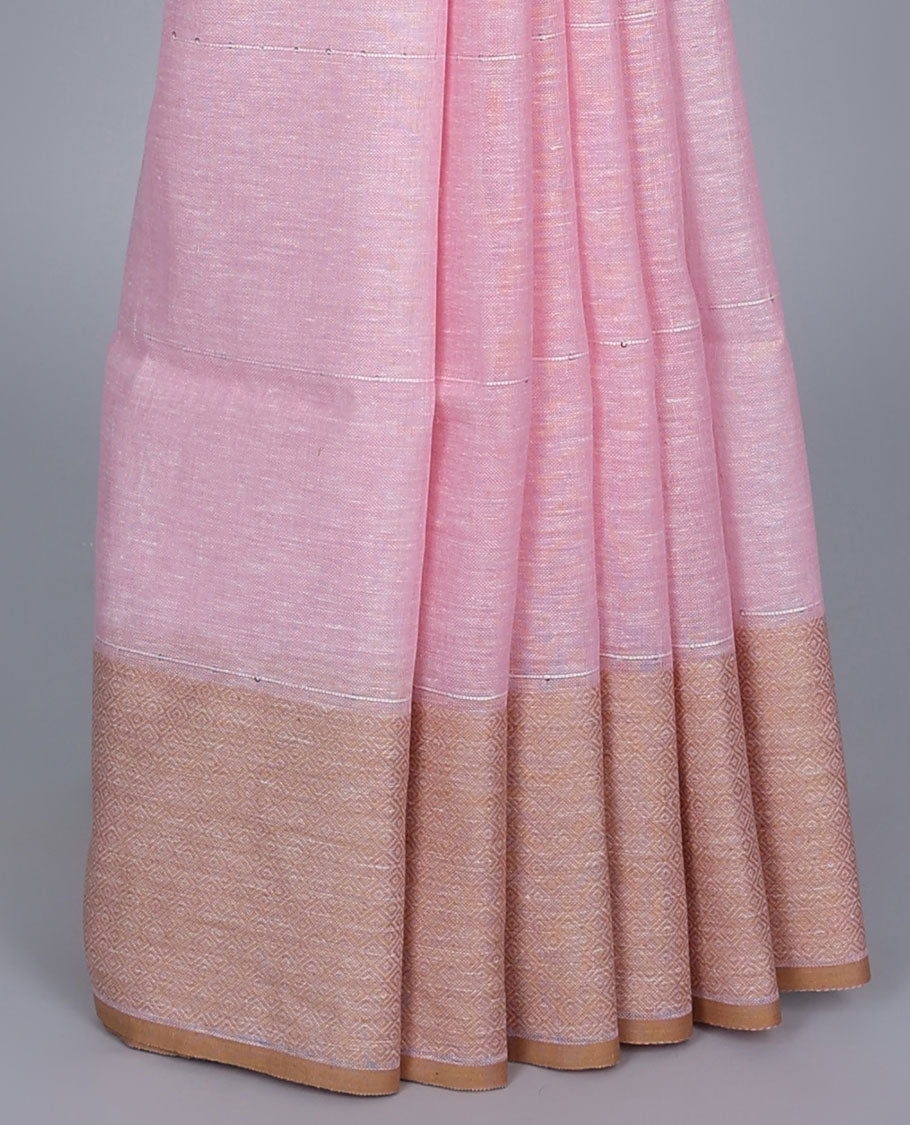 Pink sequins striped linen saree, contrast jaal patterned border & pallu of sequins stripes