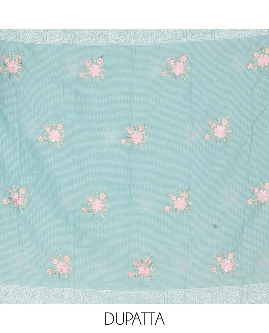 Blue material churidar set, intricate thread embroidery kota cotton top,plain bottom & floral motif embroidery dupatta
