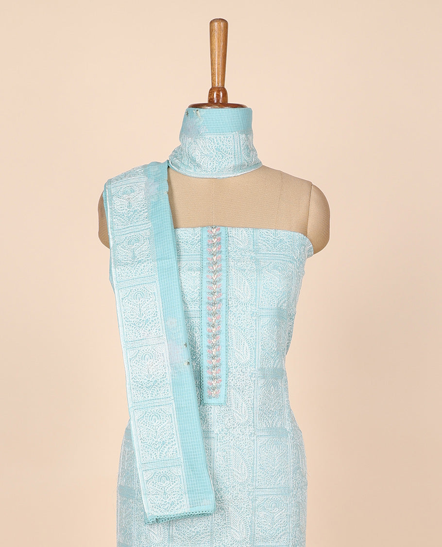Blue material churidar set, intricate thread embroidery kota cotton top,plain bottom & floral motif embroidery dupatta