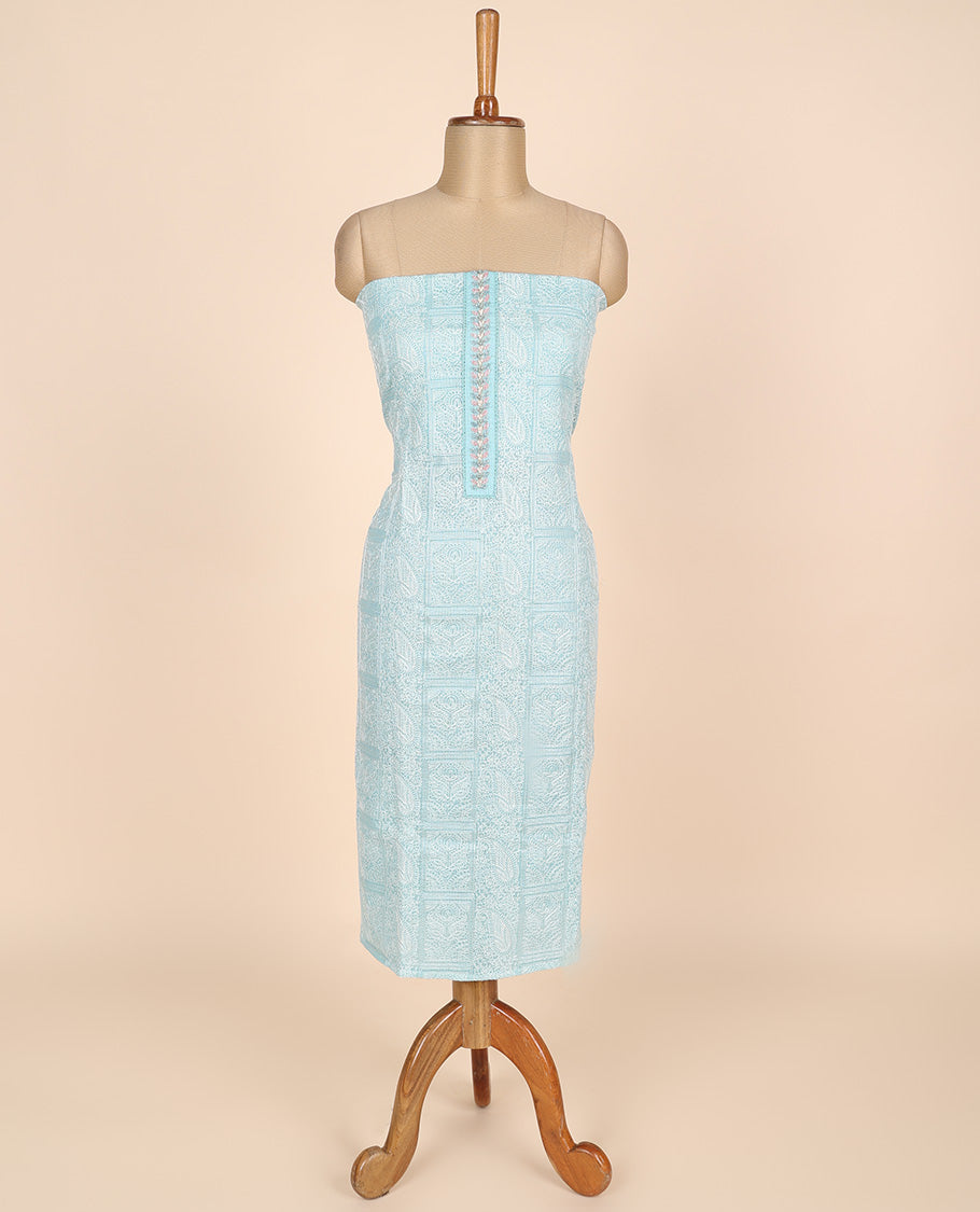 Blue material churidar set, intricate thread embroidery kota cotton top,plain bottom & floral motif embroidery dupatta