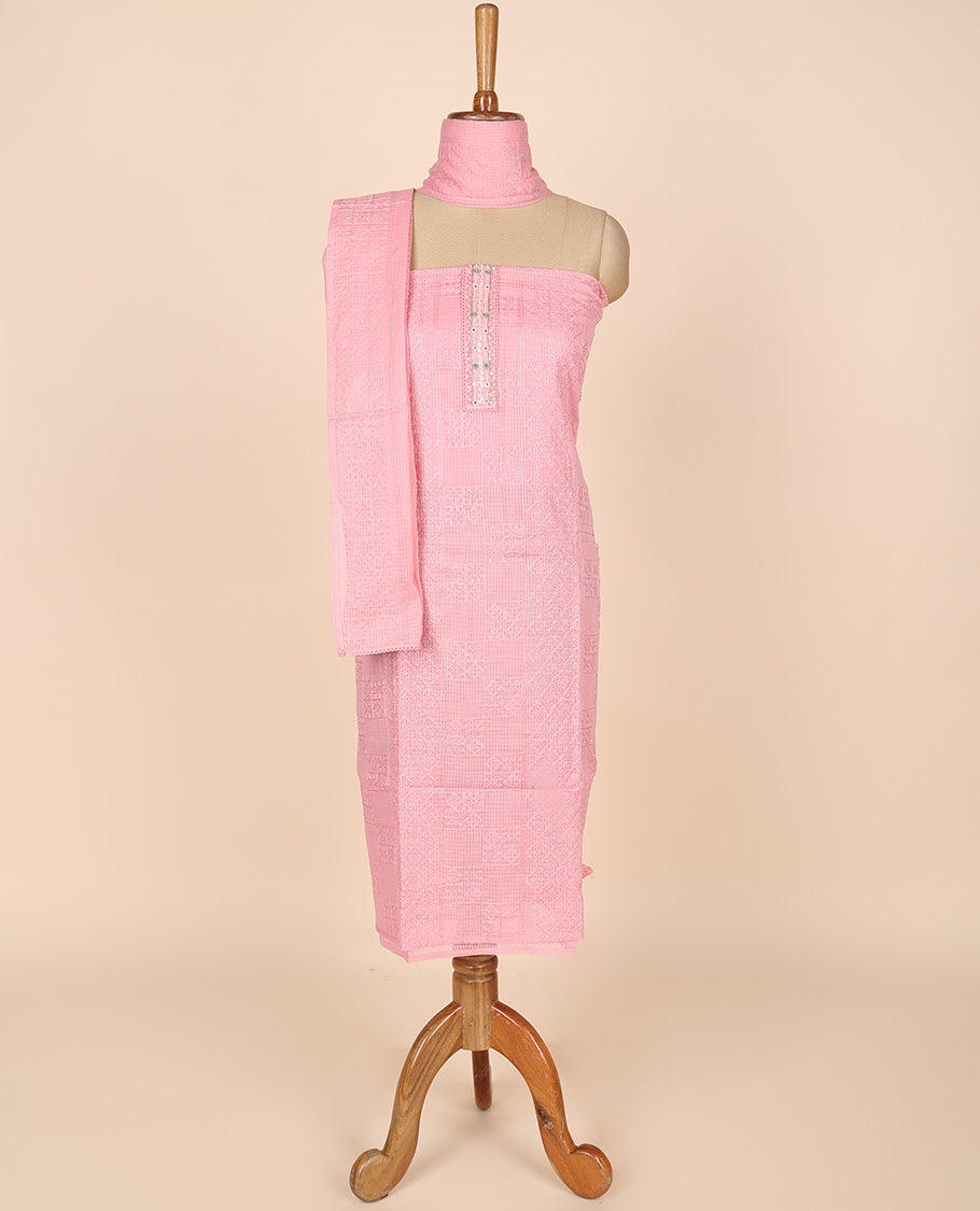 Pink material churidar set, intricate thread embroidery kota cotton top,plain bottom & floral motif embroidery dupatta