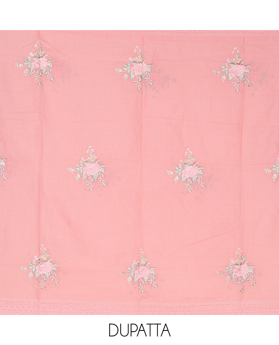 Pink material churidar set, intricate thread embroidery kota cotton top,plain bottom & floral motif embroidery dupatta