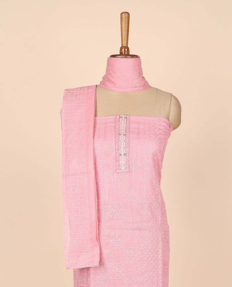 Pink material churidar set, intricate thread embroidery kota cotton top,plain bottom & floral motif embroidery dupatta