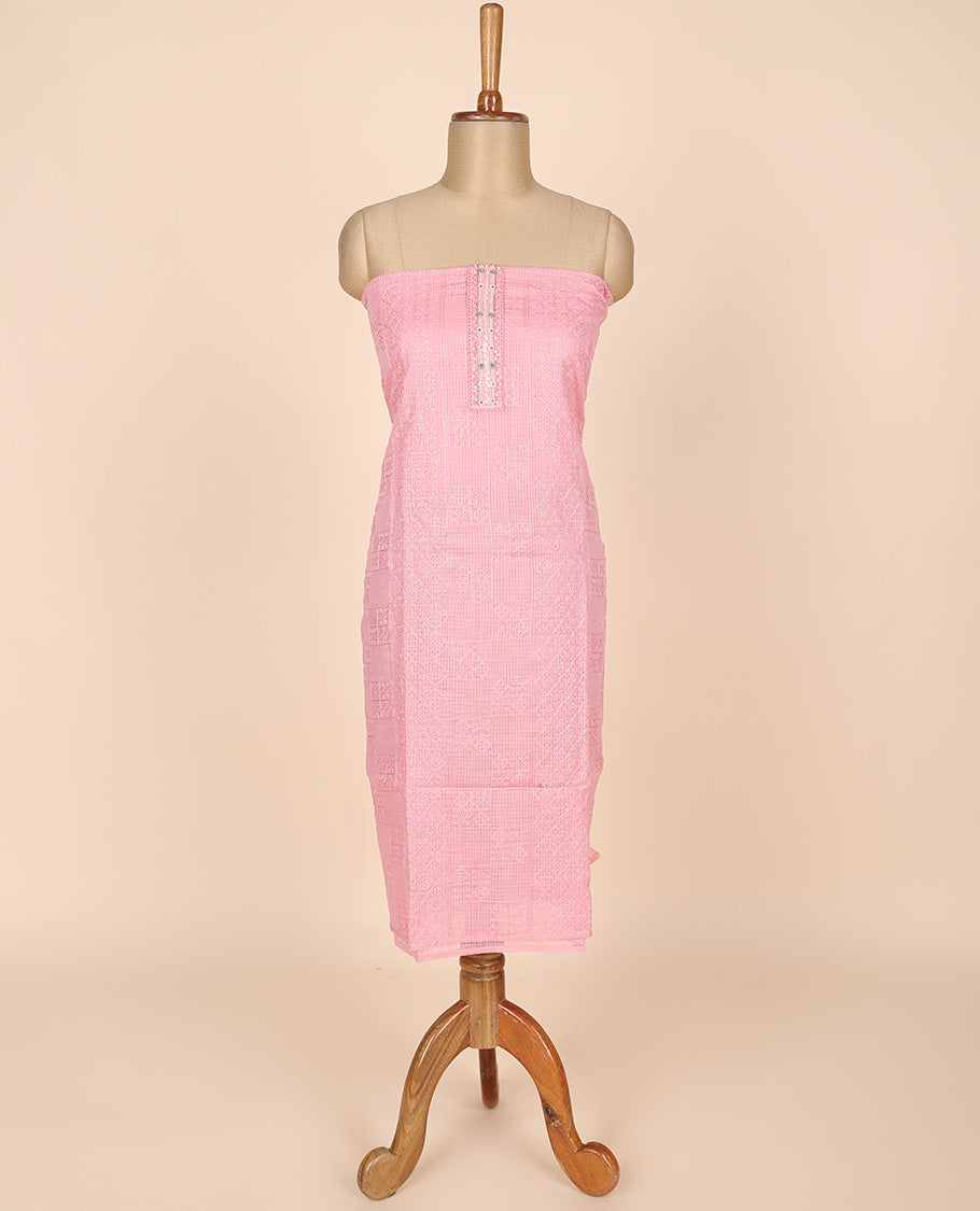 Pink material churidar set, intricate thread embroidery kota cotton top,plain bottom & floral motif embroidery dupatta