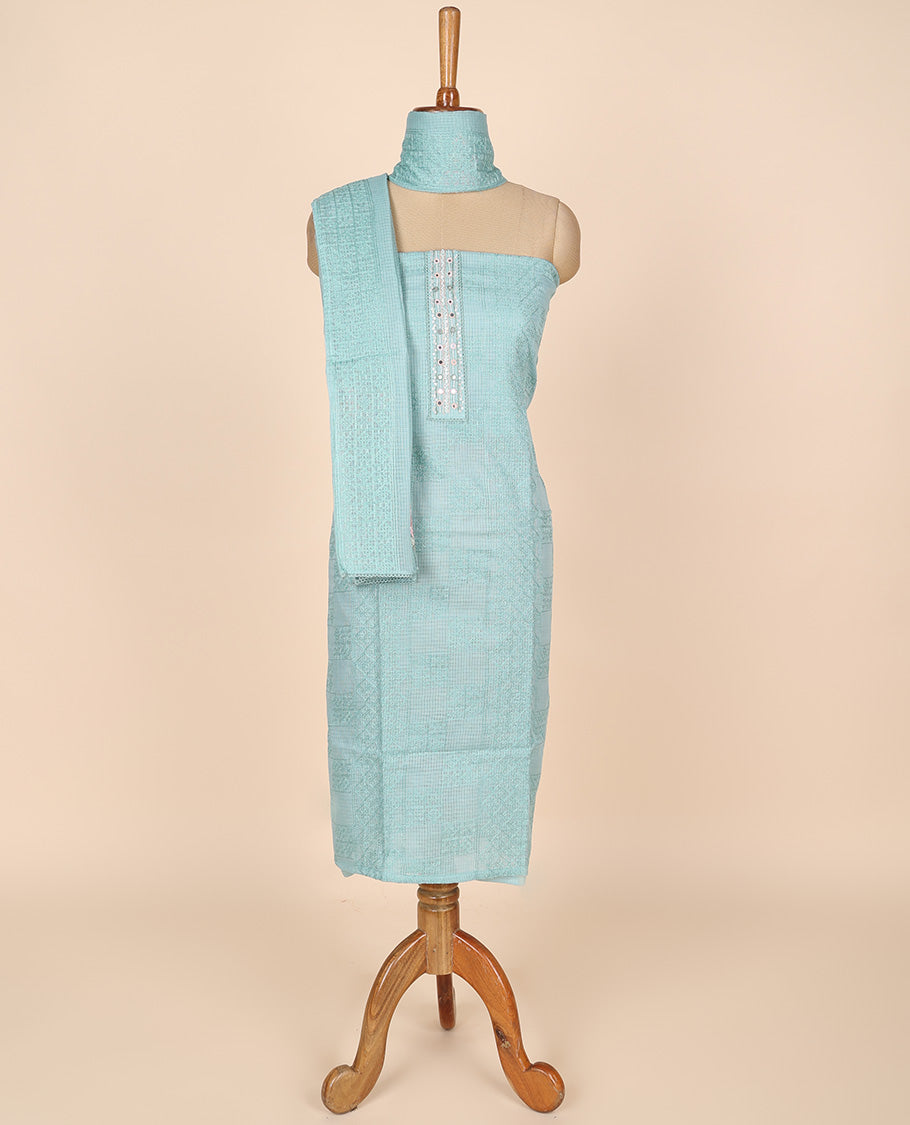 Blue material churidar set, intricate thread embroidery kota cotton top,plain bottom & floral motif embroidery dupatta