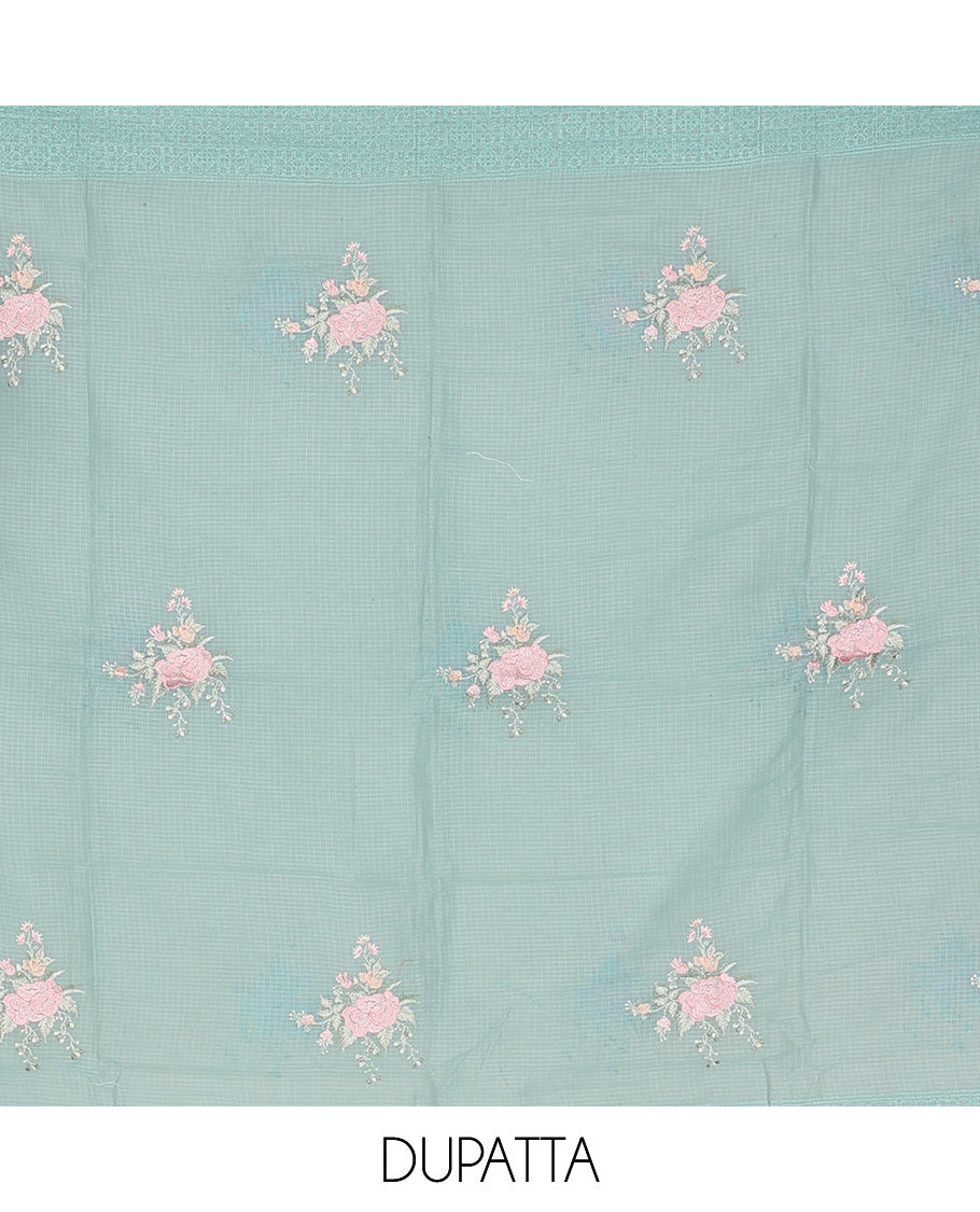 Blue material churidar set, intricate thread embroidery kota cotton top,plain bottom & floral motif embroidery dupatta