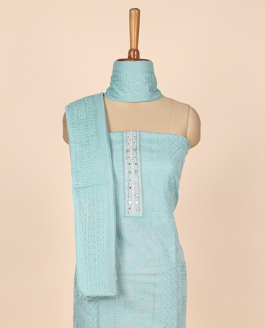 Blue material churidar set, intricate thread embroidery kota cotton top,plain bottom & floral motif embroidery dupatta