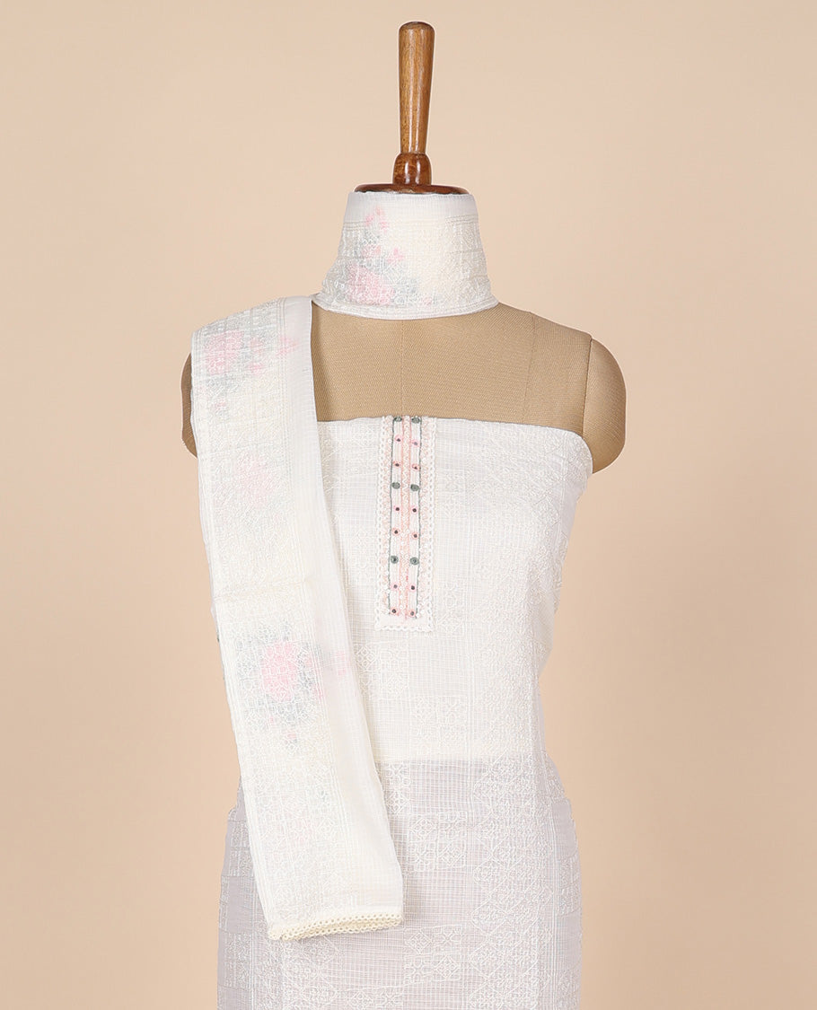 White material churidar set, intricate thread embroidery kota cotton top,plain bottom & floral motif embroidery dupatta