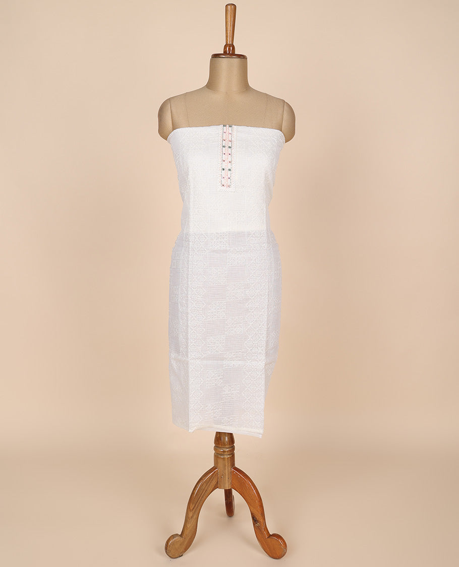 White material churidar set, intricate thread embroidery kota cotton top,plain bottom & floral motif embroidery dupatta