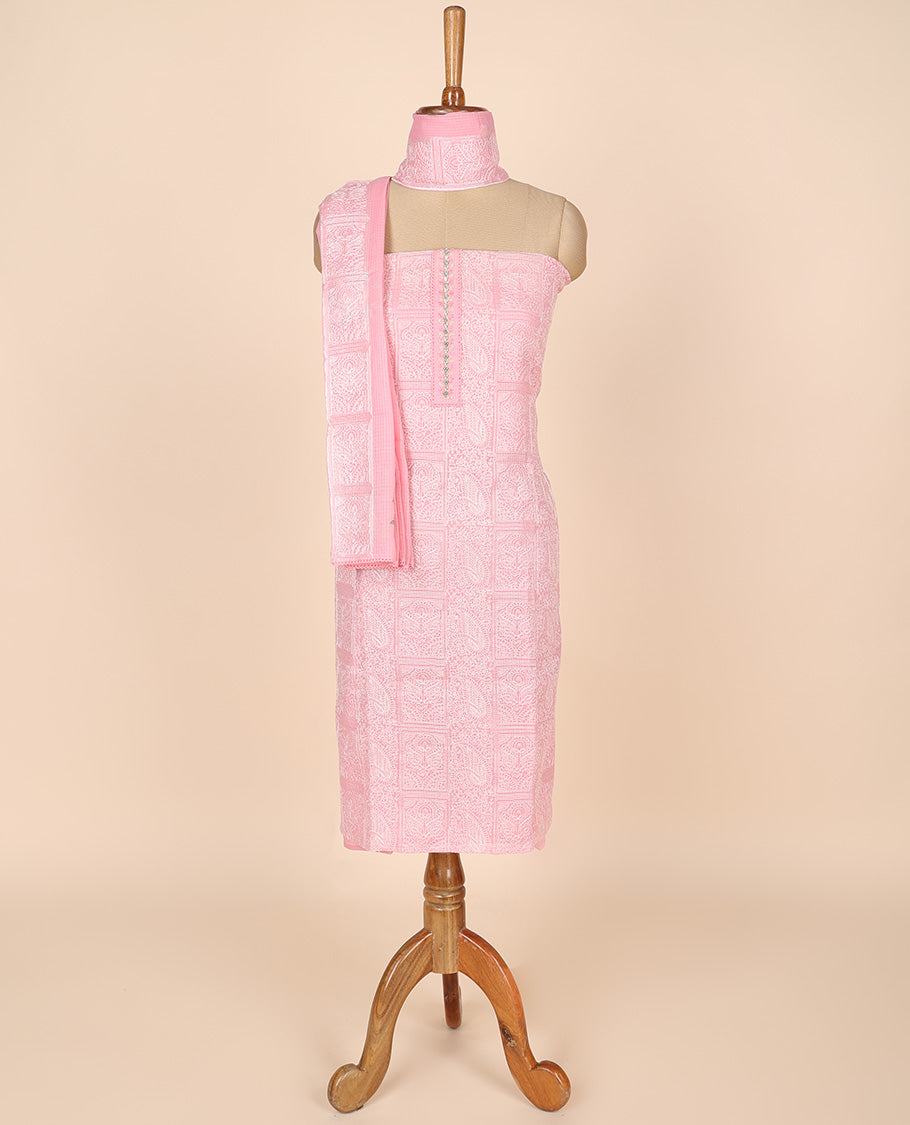 Pink material churidar set, intricate thread embroidery kota cotton top,plain bottom & floral motif embroidery dupatta