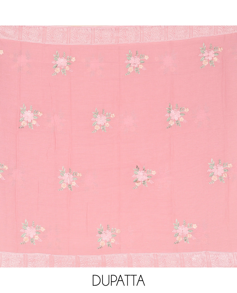 Pink material churidar set, intricate thread embroidery kota cotton top,plain bottom & floral motif embroidery dupatta