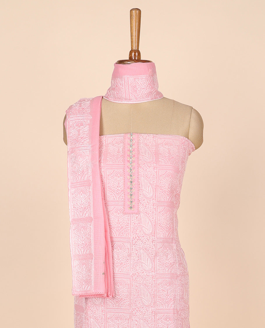 Pink material churidar set, intricate thread embroidery kota cotton top,plain bottom & floral motif embroidery dupatta
