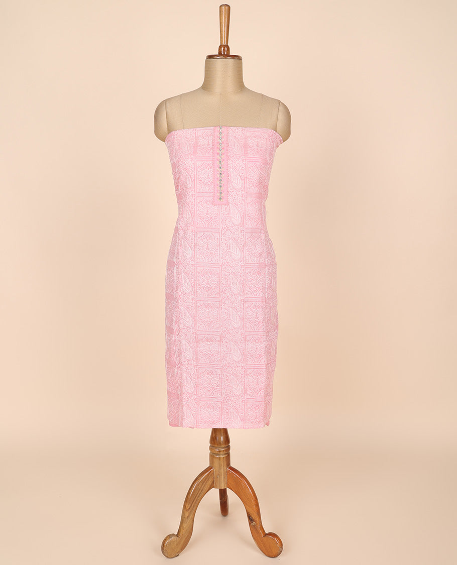 Pink material churidar set, intricate thread embroidery kota cotton top,plain bottom & floral motif embroidery dupatta