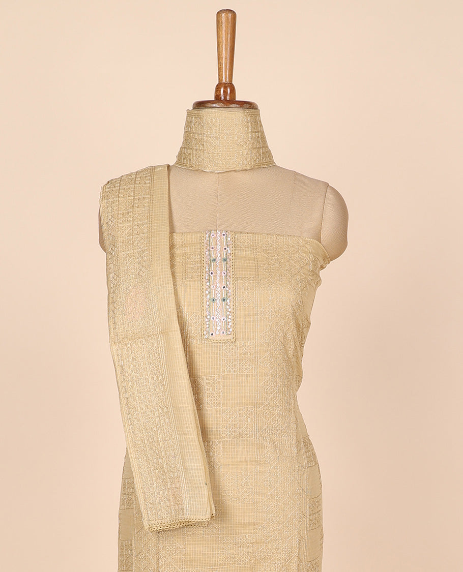 Sandal material churidar set, intricate thread embroidery kota cotton top,plain bottom & floral motif embroidery dupatta