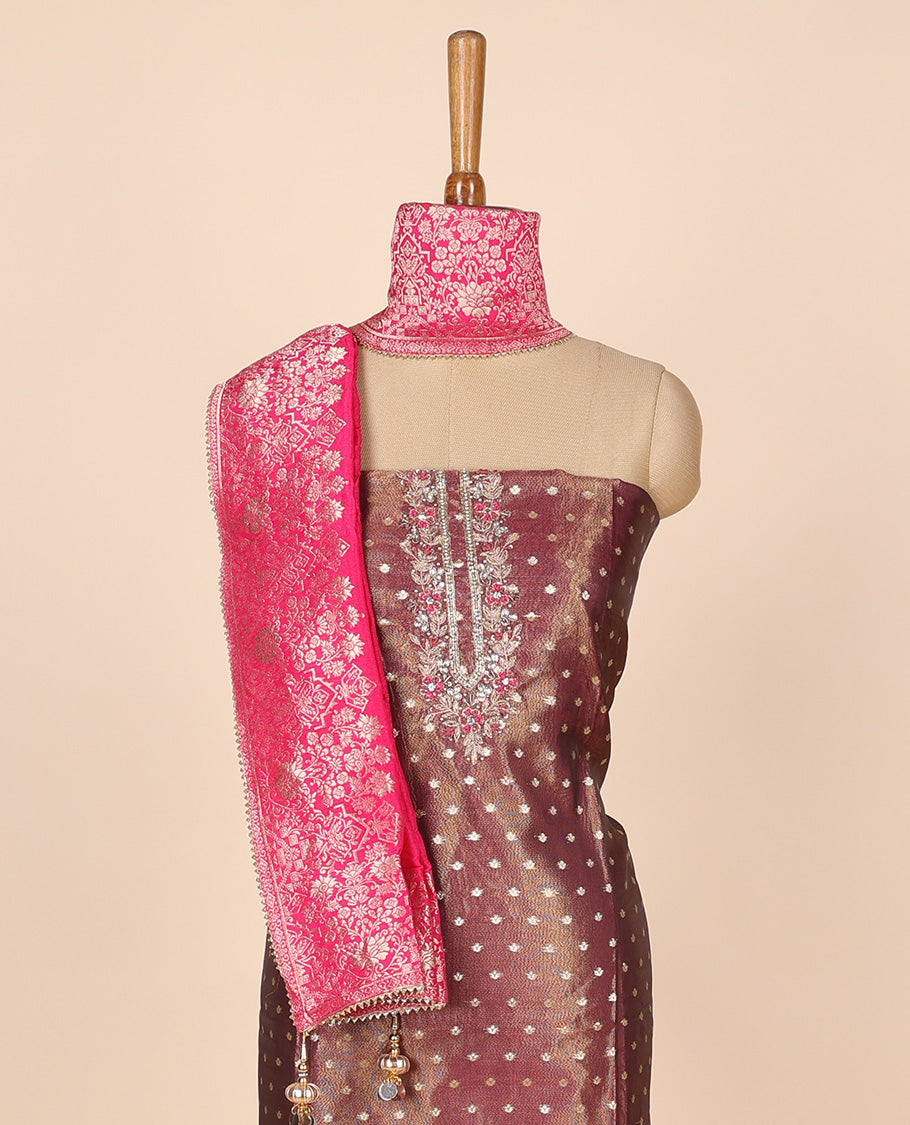 Brown material churidar set, embroidered tissue top, contrast plain bottom & banaras dupatta of intricate designs