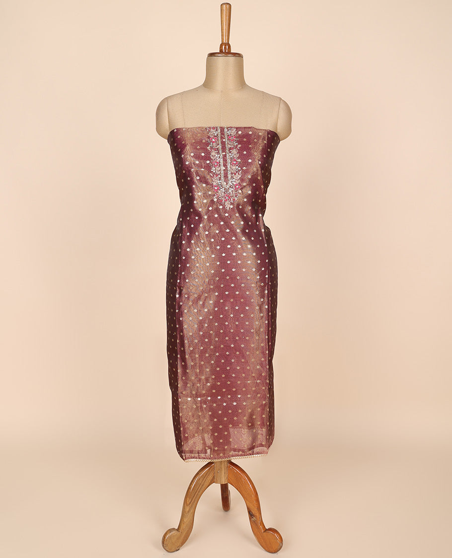 Brown material churidar set, embroidered tissue top, contrast plain bottom & banaras dupatta of intricate designs