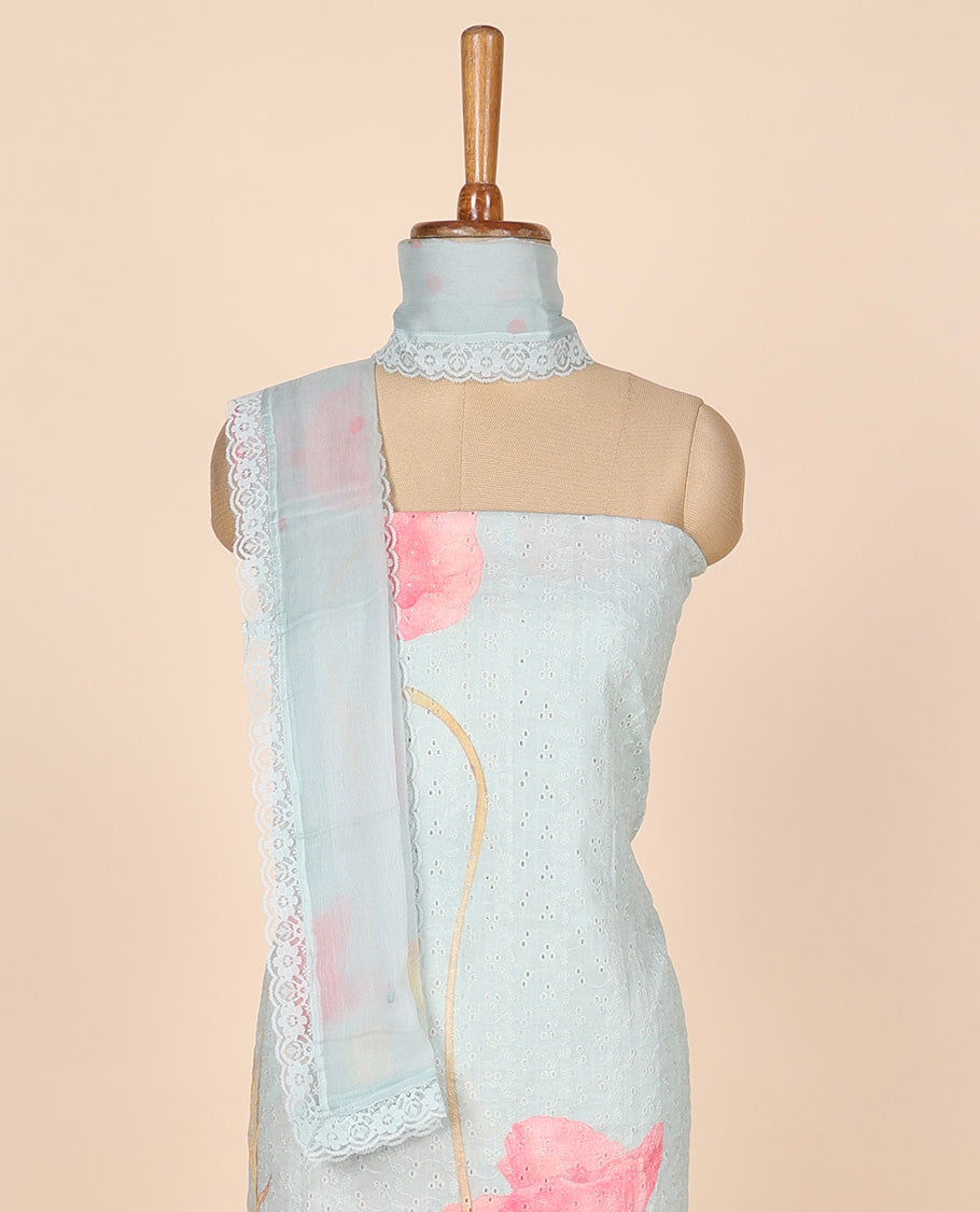 Blue material churidar set, floral print & cut work cotton top, plain bottom & abstract printed scallop chiffon dupatta