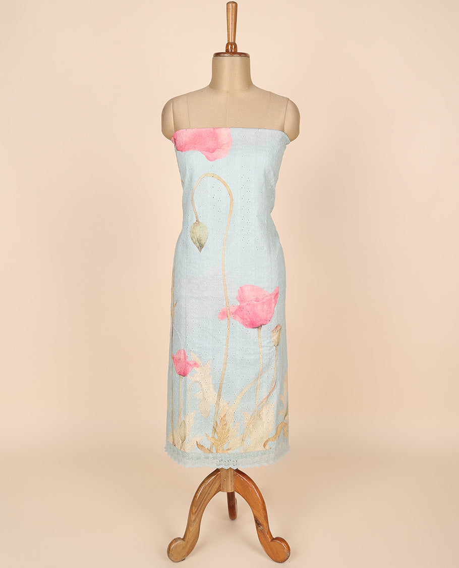 Blue material churidar set, floral print & cut work cotton top, plain bottom & abstract printed scallop chiffon dupatta