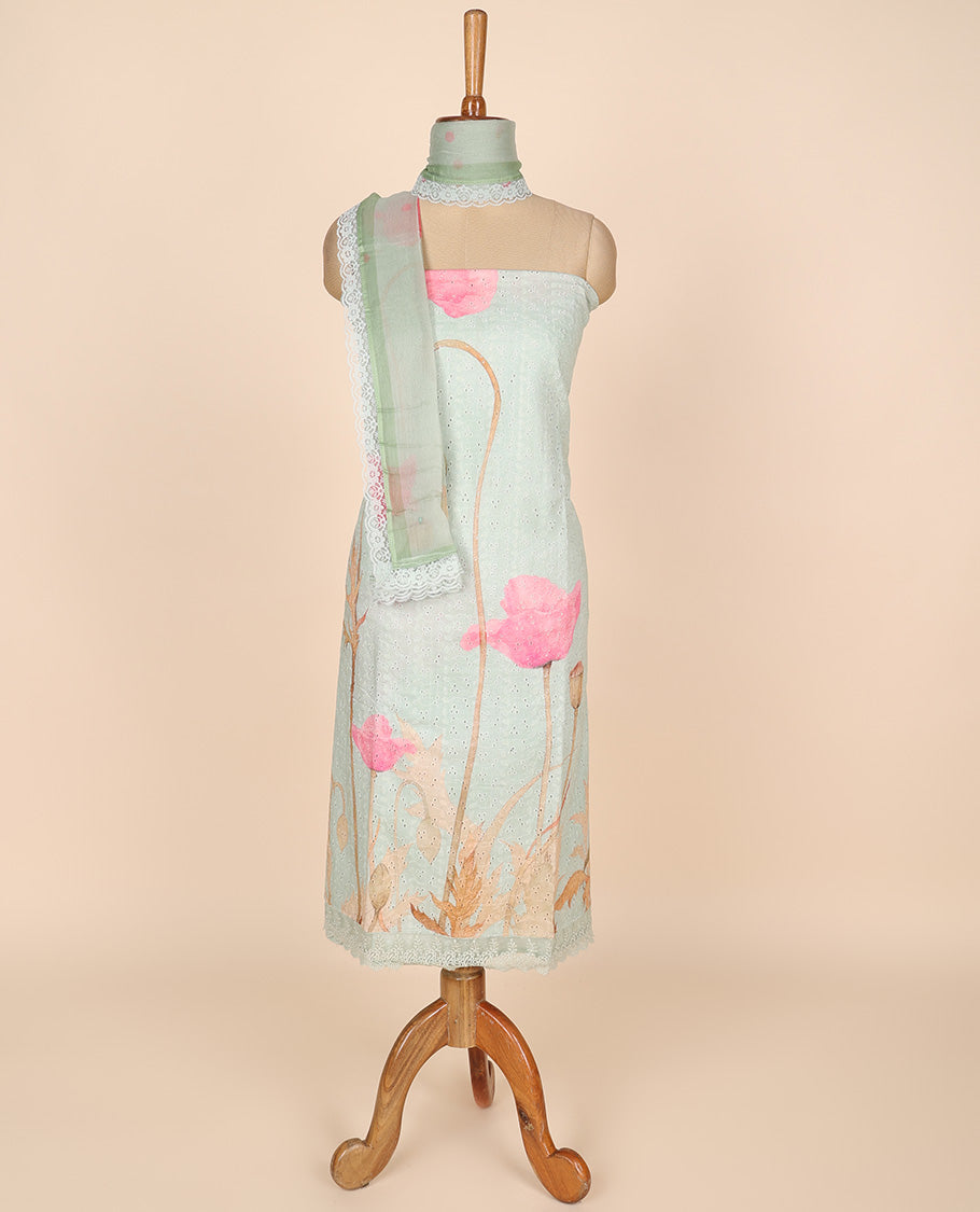 Green material churidar set, floral print & cut work cotton top, plain bottom & floral printed scallop chiffon dupatta
