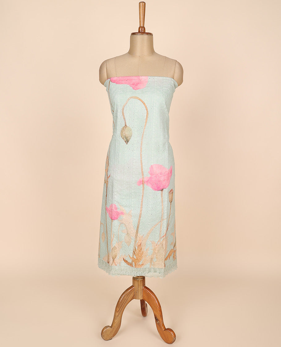 Green material churidar set, floral print & cut work cotton top, plain bottom & floral printed scallop chiffon dupatta