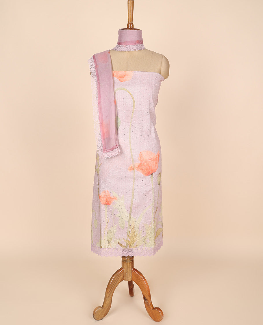 Lavender material churidar set, floral print&cut work cotton top, plain bottom & abstract printed scallop dupatta