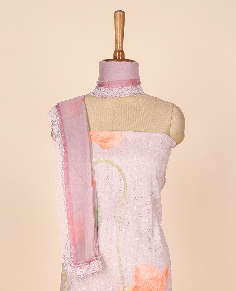 Lavender material churidar set, floral print&cut work cotton top, plain bottom & abstract printed scallop dupatta