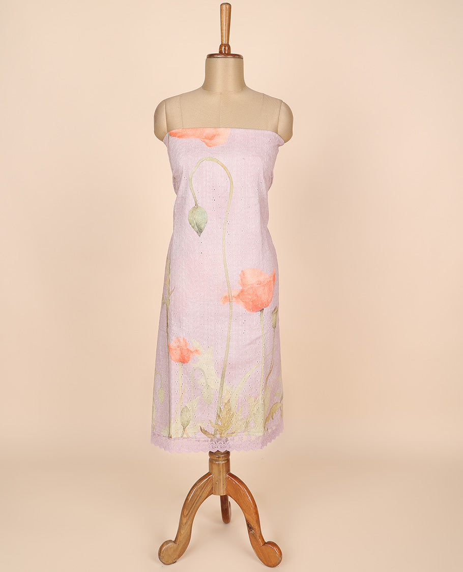 Lavender material churidar set, floral print&cut work cotton top, plain bottom & abstract printed scallop dupatta