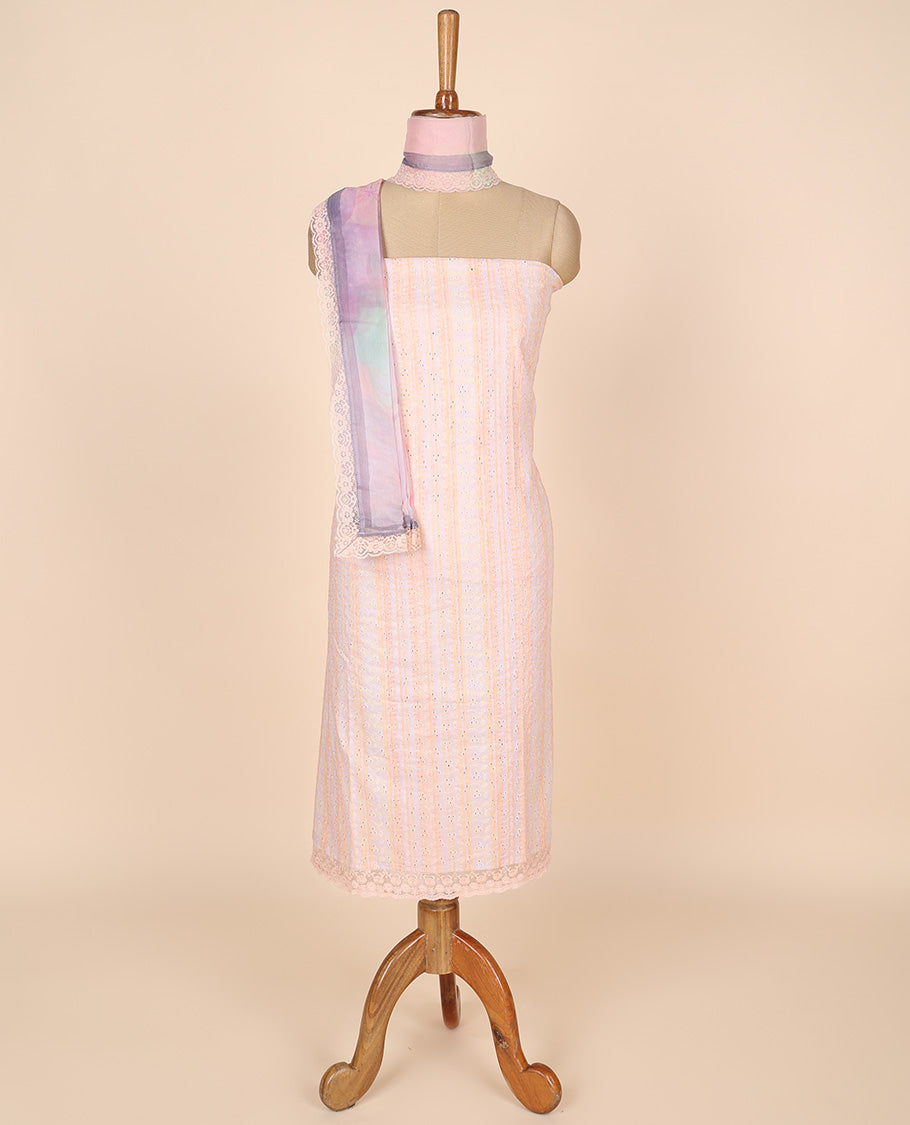Orange material churidar set,print & cutwork cotton top,plain bottom & multi-hue floral printed scallop chiffon dupatta