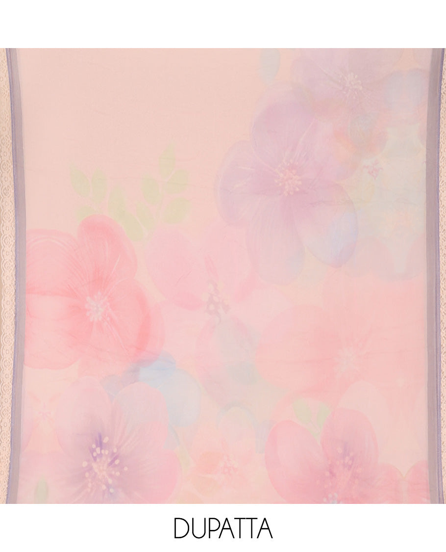 Orange material churidar set,print & cutwork cotton top,plain bottom & multi-hue floral printed scallop chiffon dupatta