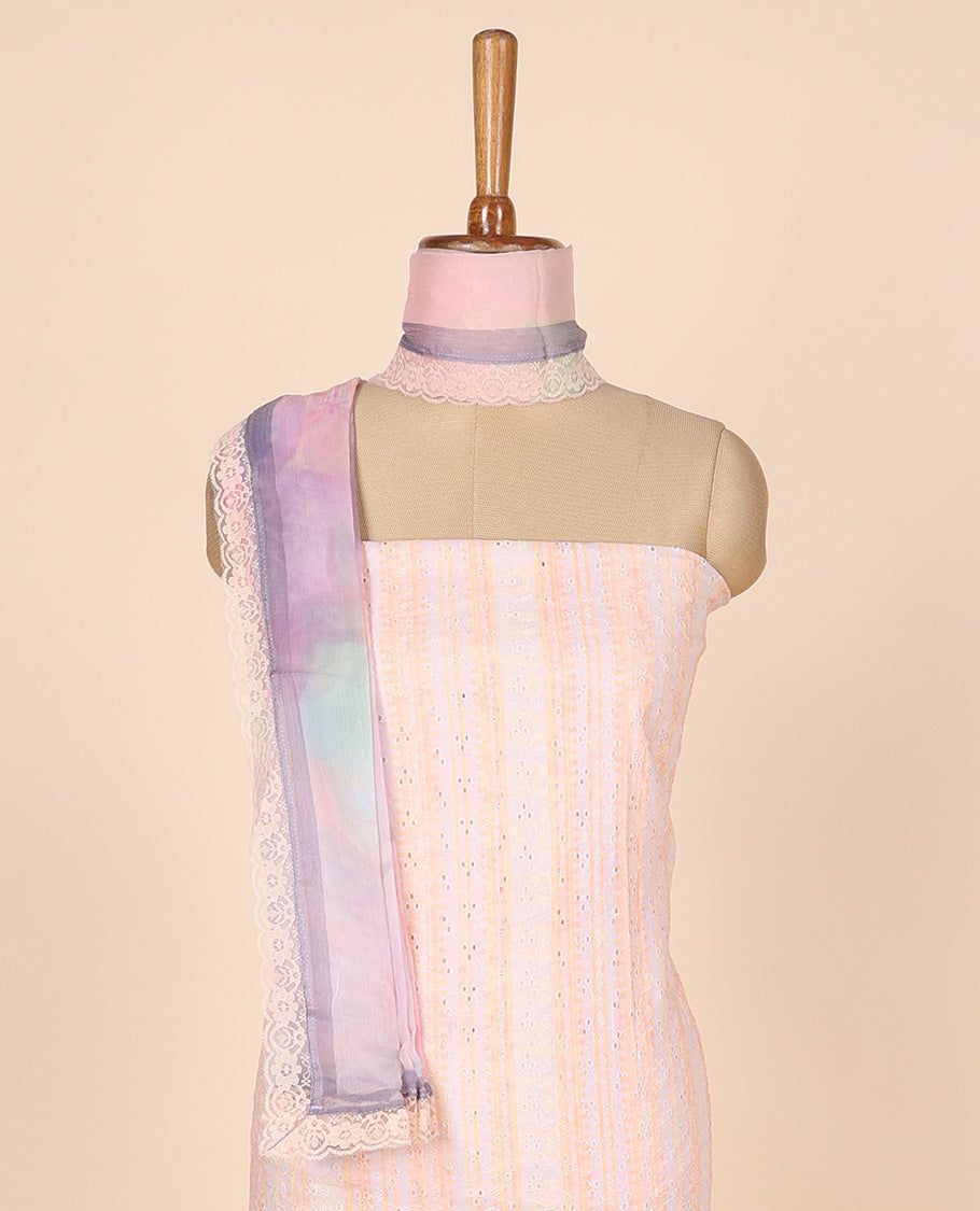 Orange material churidar set,print & cutwork cotton top,plain bottom & multi-hue floral printed scallop chiffon dupatta