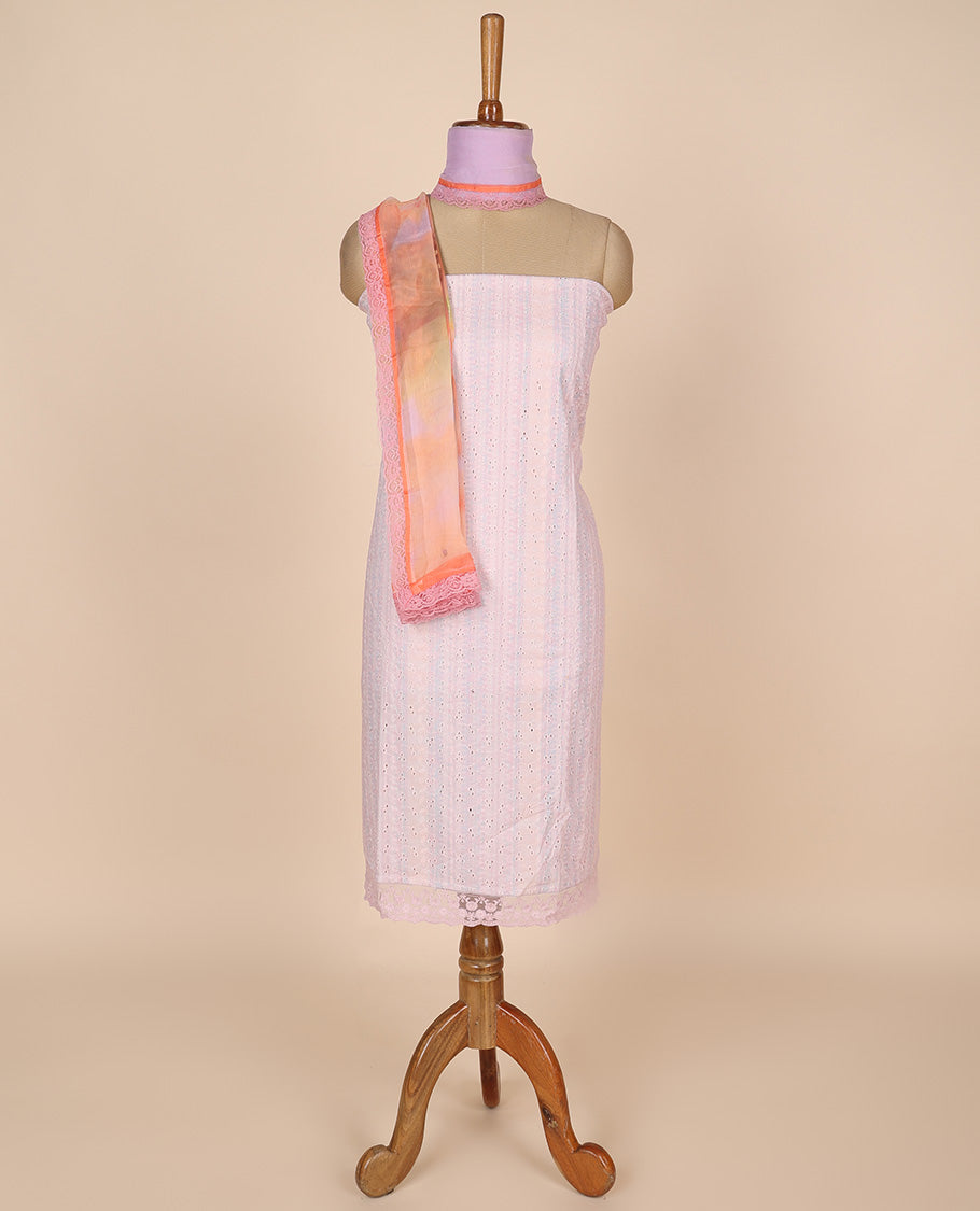 Lavender material churidar set, unique print & cutwork cotton top,plain bottom & floral printed scallop chiffon dupatta