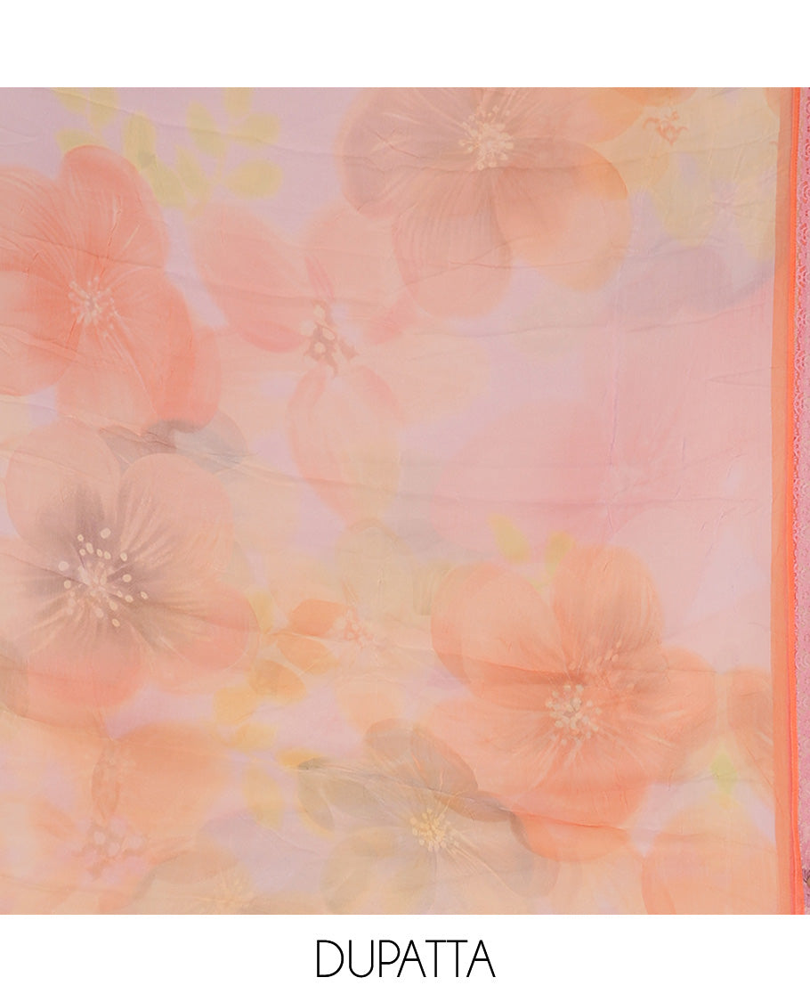 Lavender material churidar set, unique print & cutwork cotton top,plain bottom & floral printed scallop chiffon dupatta