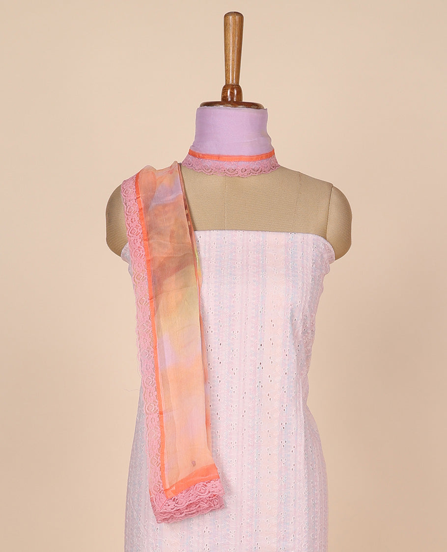 Lavender material churidar set, unique print & cutwork cotton top,plain bottom & floral printed scallop chiffon dupatta