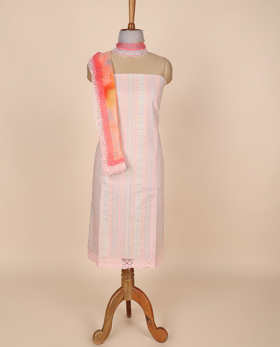 Multi-hue material churidar set,unique print & cutwork cotton top,plain bottom & floral printed scallop chiffon dupatta