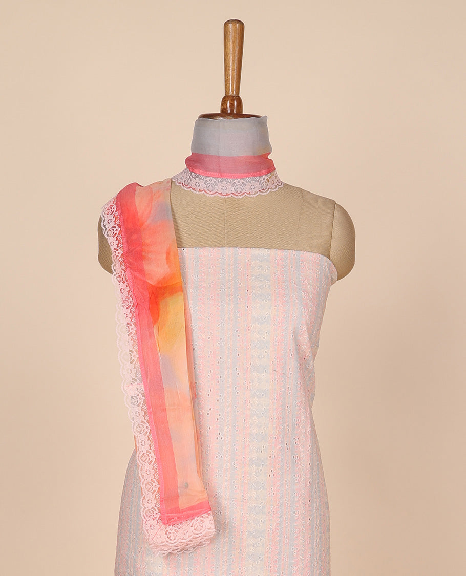 Multi-hue material churidar set,unique print & cutwork cotton top,plain bottom & floral printed scallop chiffon dupatta