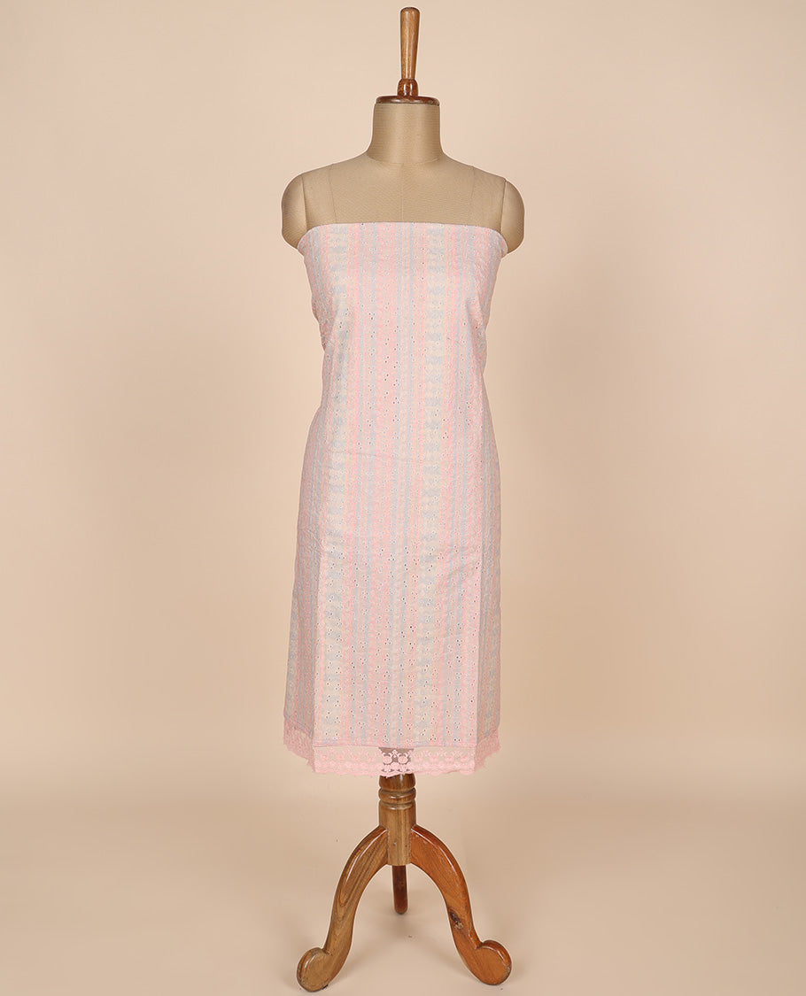 Multi-hue material churidar set,unique print & cutwork cotton top,plain bottom & floral printed scallop chiffon dupatta