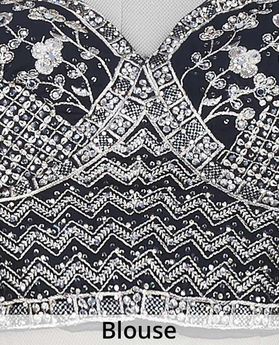 Black plain frilled readymade satin saree with frilled border & intricate embroidery sweetheart neck elbow sleeve blouse