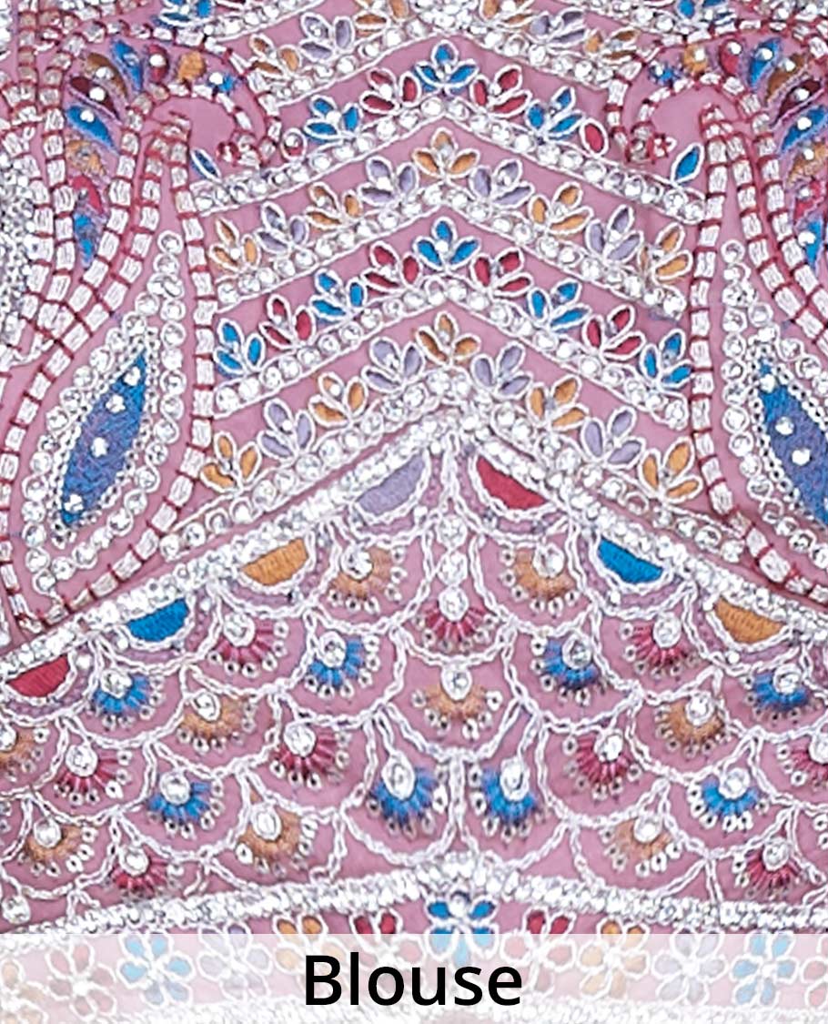 Pink plain readymade satin saree with embroidery border & intricate mixed embroidery sweetheart neck sleeveless blouse