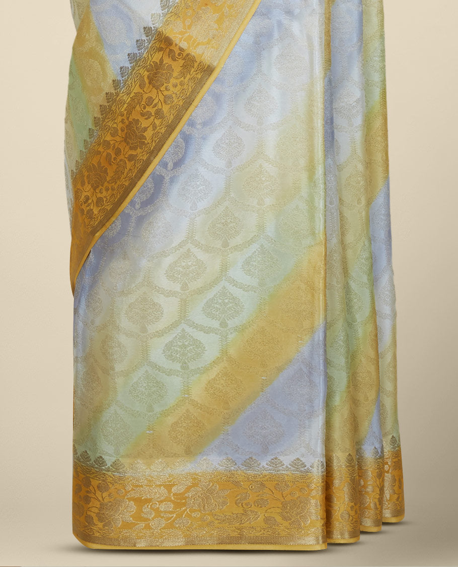 Multi-color banaras rangkat-style ogee jacquard design Italian Crepe saree, contrast floral creeper border